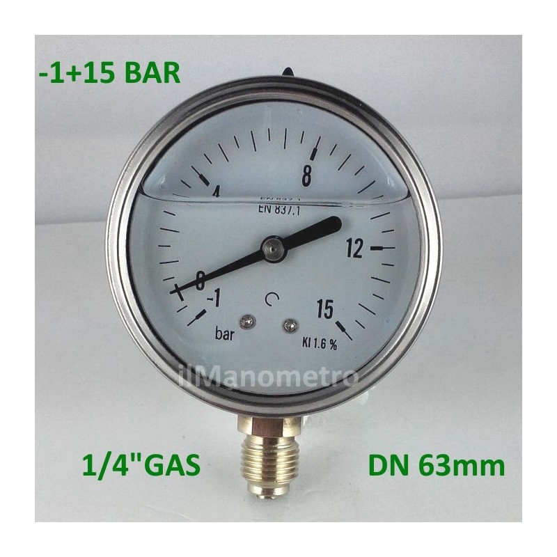 Glycerine filled pressure gauge -1+15 Bar diameter dn 63mm bottom Glycerine filled pressure gauge -1+15 Bar diameter dn 63mm bottom