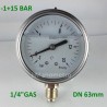 Glycerine filled pressure gauge -1+15 Bar diameter dn 63mm bottom