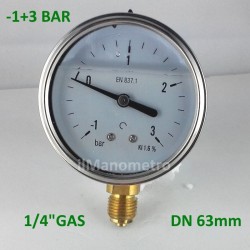 Glycerine filled pressure gauge -1+3 Bar diameter dn 63mm bottom