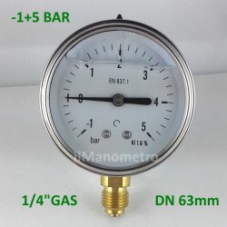 Glycerine filled pressure gauge -1+5 Bar diameter dn 63mm bottom