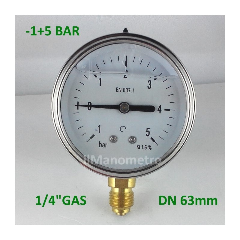 Glycerine filled pressure gauge -1+5 Bar diameter dn 63mm bottom Glycerine filled pressure gauge -1+5 Bar diameter dn 63mm bottom