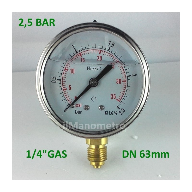 Glycerine filled pressure gauge 2,5 Bar diameter dn 63mm bottom
