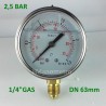 Glycerine filled pressure gauge 2,5 Bar diameter dn 63mm bottom