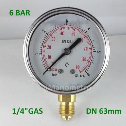 Glycerine filled pressure gauge 6 Bar diameter dn 63mm bottom