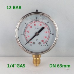 Glycerine filled pressure gauge 12 Bar diameter dn 63mm bottom