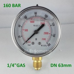 Glycerine filled pressure gauge 160 Bar diameter dn 63mm bottom