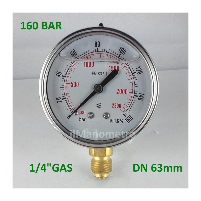 Glycerine filled pressure gauge 160 Bar diameter dn 63mm bottom