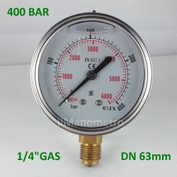 Glycerine filled pressure gauge 400 Bar diameter dn 63mm bottom